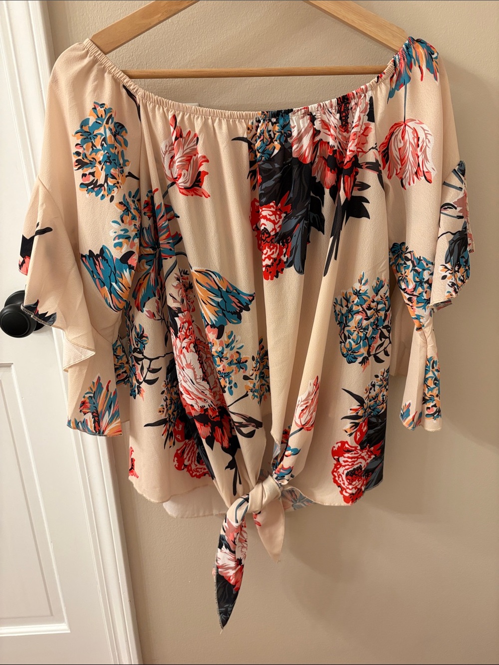 Floral Off-Shoulder Tie-Front Top - Beige Floral